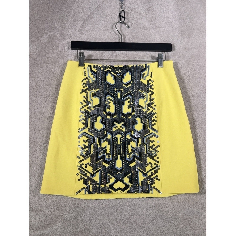 Mugler Embellished Mini Skirt Womens Size 36 Yellow Beaded Sequin Geometric
